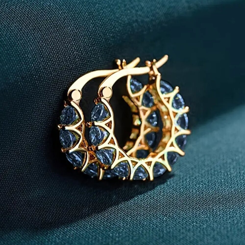 Huggie Hoop MAJOR BLING Earrings #1424 gold tone blue stone